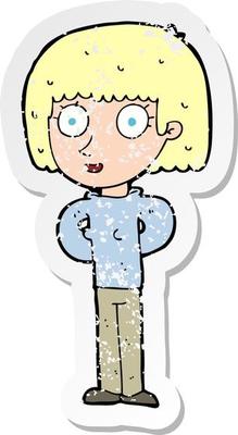 retro distressed sticker of a cartoon staring woman