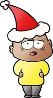 gradient cartoon of a tired bald man wearing santa hat vector