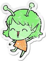 distressed sticker of a cartoon alien girl laughing vector