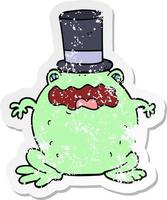 distressed sticker of a cartoon toad wearing top hat vector