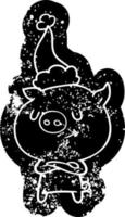 happy cartoon distressed icon of a pig wearing santa hat vector