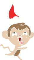 crazy flat color illustration of a monkey running wearing santa hat vector