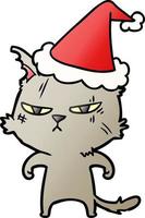 tough gradient cartoon of a cat wearing santa hat vector