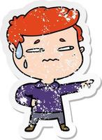 distressed sticker of a cartoon anxious man pointing vector