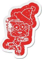 happy cartoon distressed sticker of a robot wearing santa hat vector