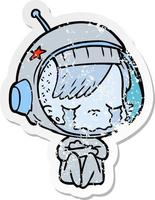 distressed sticker of a cartoon crying astronaut girl vector