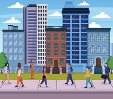 seven persons walking on the city vector