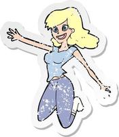 retro distressed sticker of a cartoon jumping woman vector