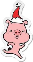 sticker cartoon of a annoyed pig running wearing santa hat vector