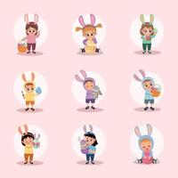 nine kids with easter icons vector