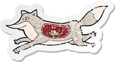 retro distressed sticker of a cartoon wolf with mouse in belly vector