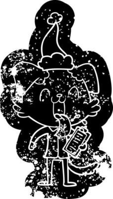 cartoon distressed icon of a panting dog with clipboard wearing santa hat
