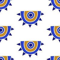 mal de ojos geométricos mediterráneos patrón sin costuras en colores azul, blanco y dorado vector