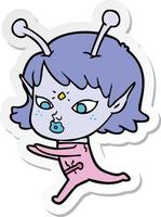 sticker of a pretty cartoon alien girl vector