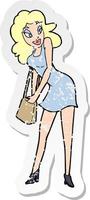 retro distressed sticker of a cartoon woman looking in handbag vector