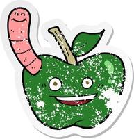 retro distressed sticker of a cartoon apple with worm vector