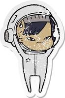 distressed sticker of a cartoon astronaut woman vector