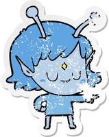 distressed sticker of a cartoon alien girl vector