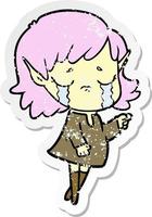 distressed sticker of a cartoon crying elf girl vector