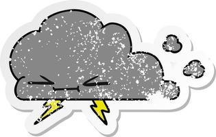 distressed sticker cartoon of a grumpy lightening cloud vector