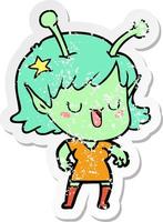 distressed sticker of a happy alien girl cartoon laughing vector