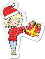 retro distressed sticker of a cartoon woman ready for christmas vector