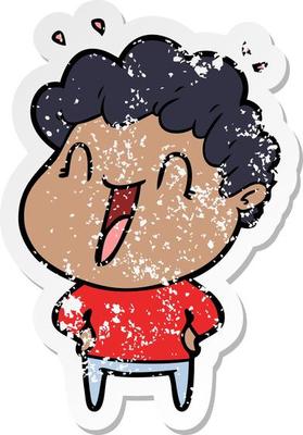 distressed sticker of a cartoon happy man