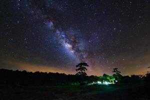 Milky Way and silhouette of tree at Phu Hin Rong Kla National Park,Phitsanulok Thailand, Long exposure photograph.with grain photo
