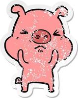 distressed sticker of a cartoon angry pig vector