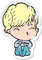 distressed sticker of a cartoon woman thinking vector