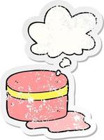 cartoon beauty lotion tub and thought bubble as a distressed worn sticker vector