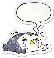 cartoon crying penguin and speech bubble distressed sticker vector