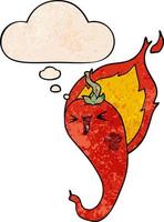 cartoon flaming hot chili pepper and thought bubble in grunge texture pattern style vector