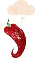 cartoon chili pepper and thought bubble in retro textured style vector