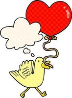 pájaro de dibujos animados con globo de corazón y burbuja de pensamiento al estilo de las historietas vector