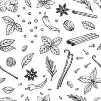 Seamless pattern with herbs and spices. Hand drawn vector illustration in sketch style.