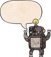 cartoon happy robot and speech bubble in retro texture style vector