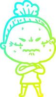 cold gradient line drawing cartoon annoyed old lady vector