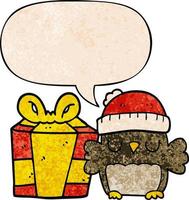 cute christmas owl and speech bubble in retro texture style vector
