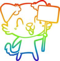 rainbow gradient line drawing laughing cartoon dog with sign vector