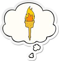 cartoon flaming torch and thought bubble as a printed sticker vector