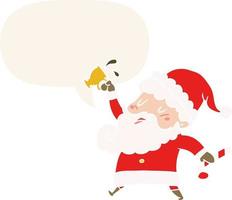 dibujos animados de santa claus y chocolate caliente y burbujas de habla en estilo retro vector