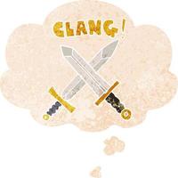 cartoon sword fight and thought bubble in retro textured style vector