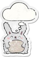 cartoon furry rabbit and thought bubble as a distressed worn sticker vector