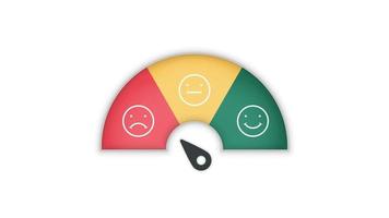 Customer experience satisfaction rating scale with a smile, angry icon in speedometer score feedback survey of a client. The level measures emoji face with arrows from bad to good vector illustration