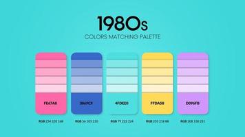 Ideas de esquemas de color de la década de 1980. combinaciones de tendencias de color y guía de paleta. ejemplo de tonos de color de mesa en rgb y hex.muestra de color para moda, hogar, diseño de interiores o cataloque.vector de carta de colores.
