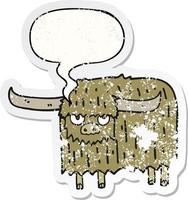 cartoon hairy cow and speech bubble distressed sticker vector