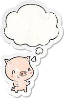 cartoon pig and thought bubble as a distressed worn sticker vector