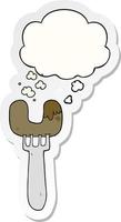 cartoon sausage on fork and thought bubble as a printed sticker vector