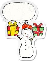 cartoon snowman and present and speech bubble distressed sticker vector